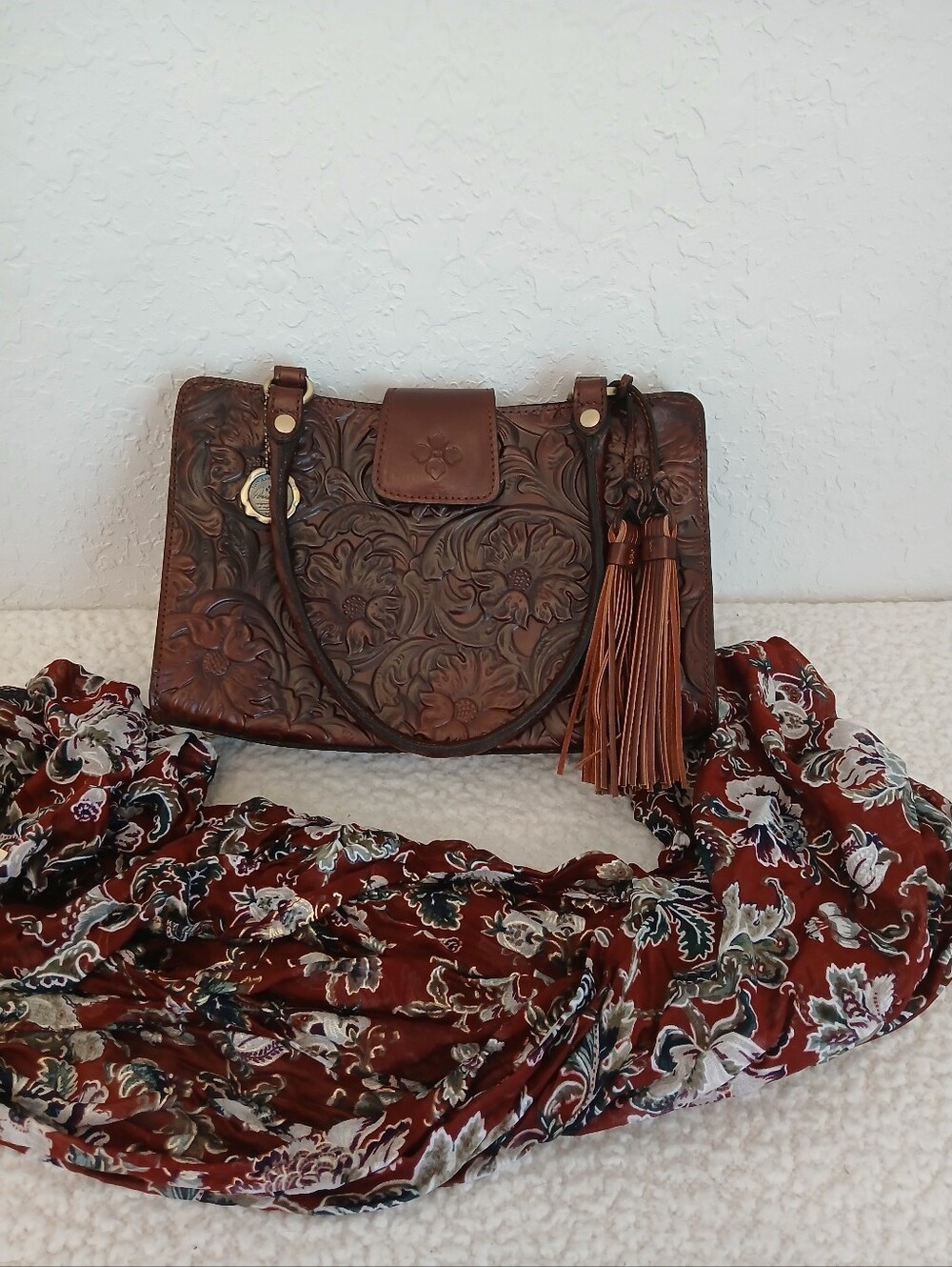 Patricia Nash 10th Anniv. Tooled Rienzo Satchel In Oxblood - Scarf Not Included